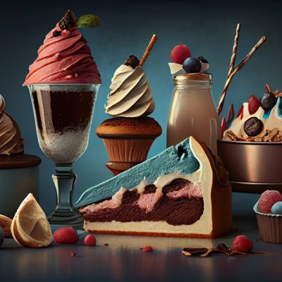 Sweet food desserts with whipped cream generated by artificial intelligence
